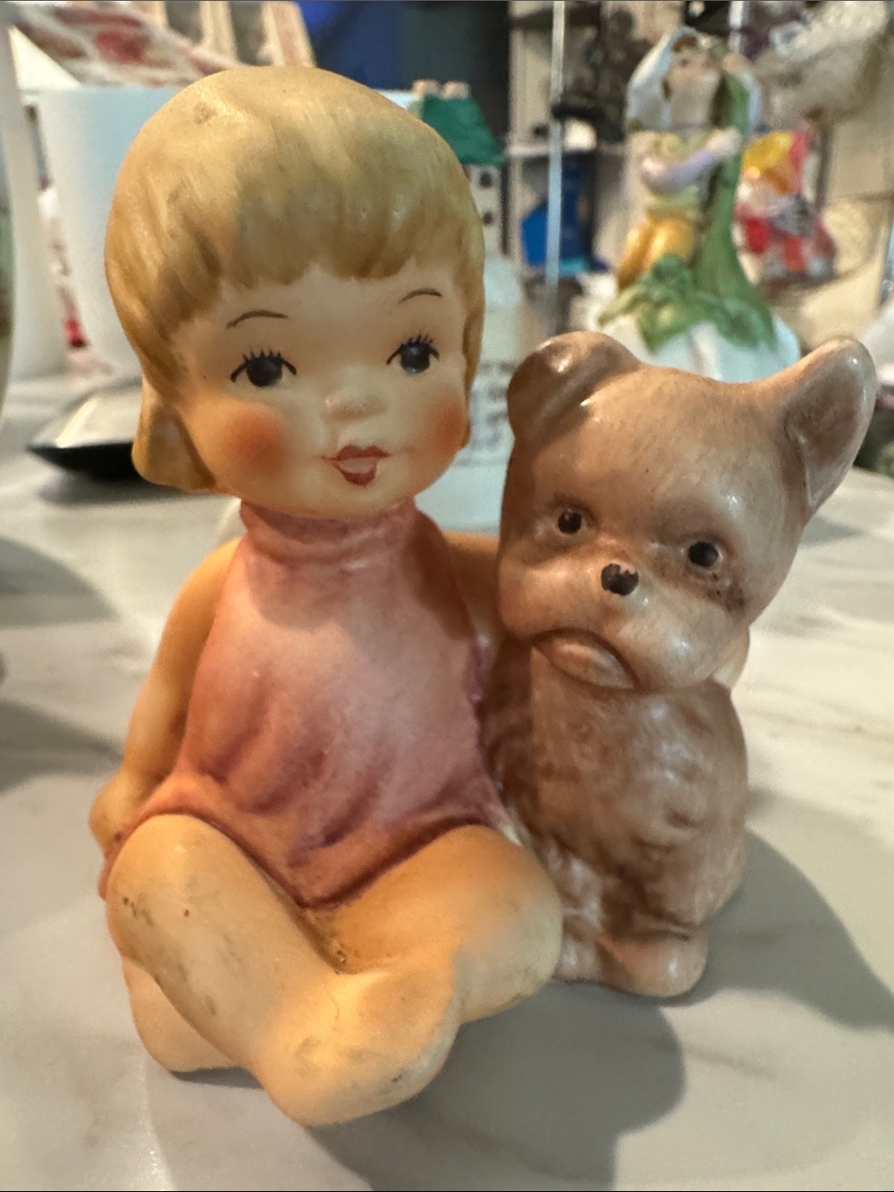 Goebel Porcelain Girl Figurine in Pink with Brown Dog